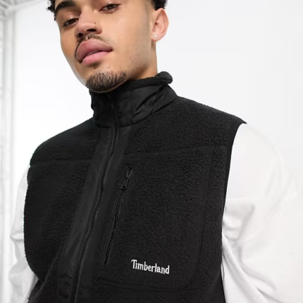 Timberland Men's Black Sleeveless Mix Full Zip Thermal Fleece Vest Size L